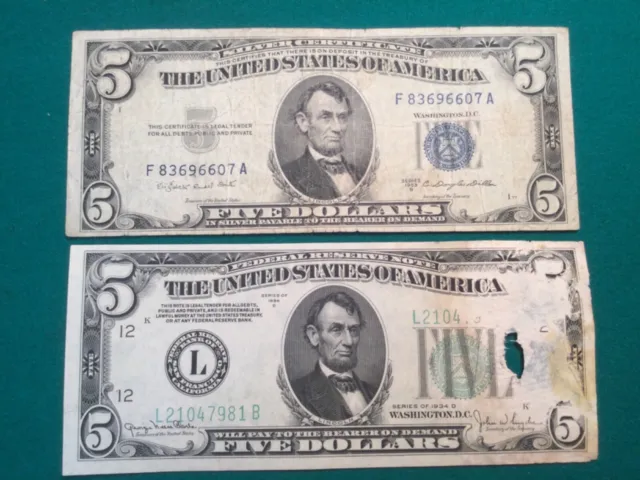$5 dollar blue seal silver certificate series 1953 B and damaged $5  1934 D