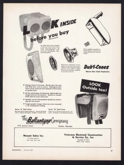 BALLANTYNE Drive-In Equipment Trade Ad 1955 Movie Theater Speaker Advertising