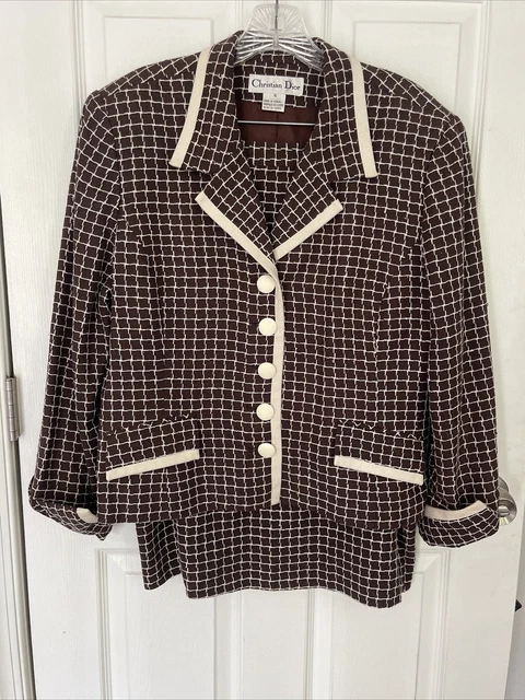 CHRISTIAN DIOR Vintage Womens Skirt SUIT, Size 16, Brown White Check, 100% Silk