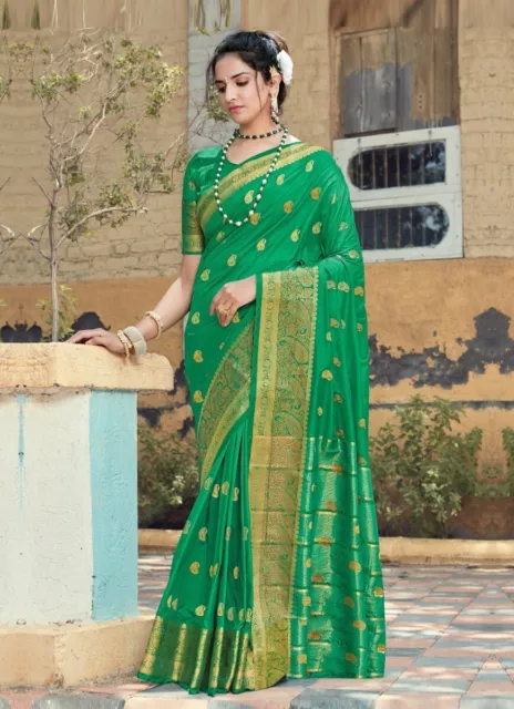 New Indian Indrani Silk Royal Green Saree with Unstitched Blouse Sari