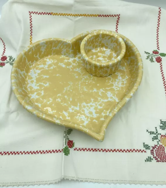 Bennington Potters VT Morning Glory Yellow Heart Shaped Spongeware Chip Dip Set