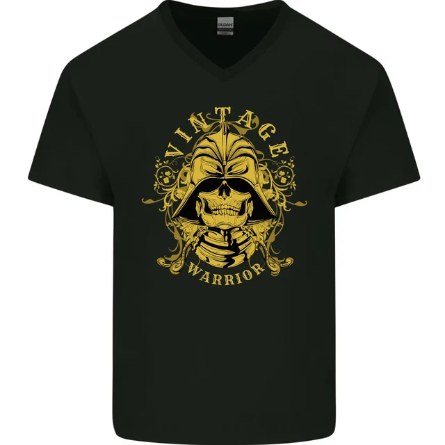 Vintage Warrior Samurai Bushido Mma Teschio Uomo Scollo A V Cotone T-Shirt
