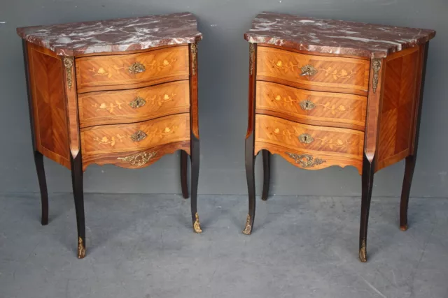 Antique Rare pair French marquetry Bedside chests of drawers marble top ormolu