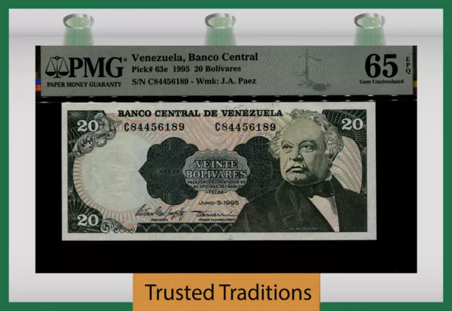 TT PK 63e 1995 VENEZUELA, BANCO CENTRAL 20 BOLIVARES PMG 65 EPQ GEM UNCIRCULATED