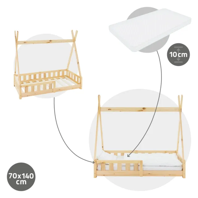 Lit d'enfant Tipi + matelas à mousse lit antichute en bois pin nature 70x140 cm