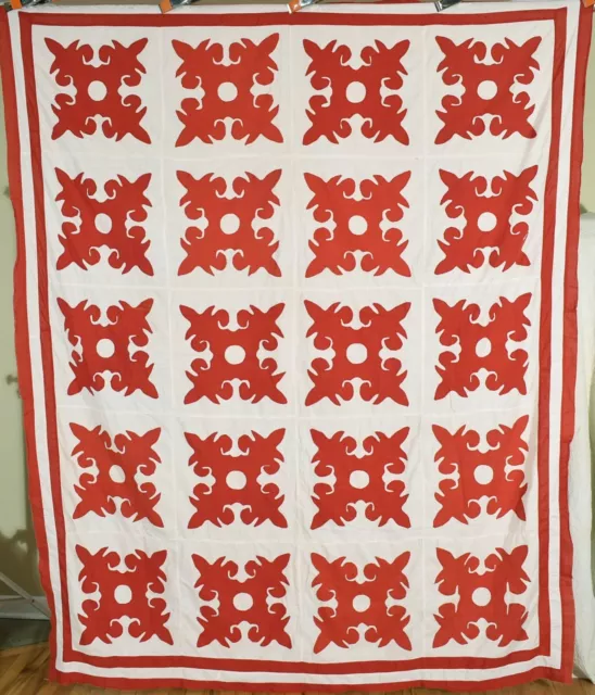 OUTSTANDING Vintage 1880's Red & White Fleur-de-Lis Applique Antique Quilt Top!