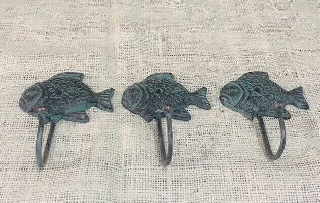 3 Cast Iron Fish Coat Hooks Rack Towel Bath Nautical Hat Hall Tree Sunfish