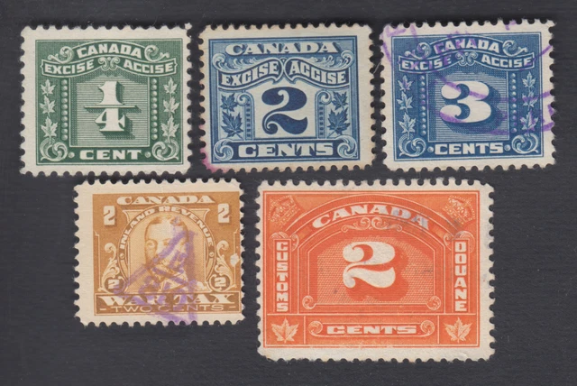 Sephil Canada Excise War Tax Set Of 5 Used + Mint Revenues Stamps