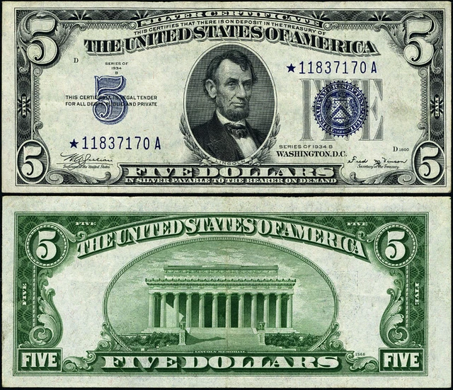 FR. 1652* $5 1934-B Silver Certificate *-A Block XF+ Star
