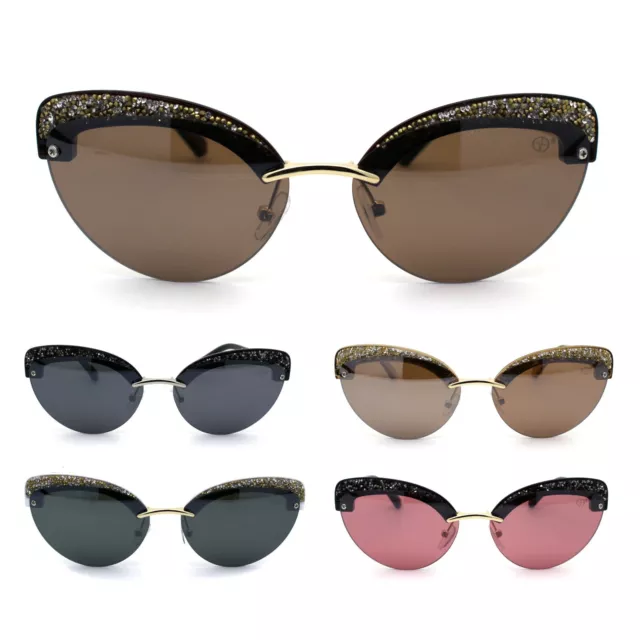 Womens Glitter Nugget Stud Half Rim Round Cat Eye Sunglasses