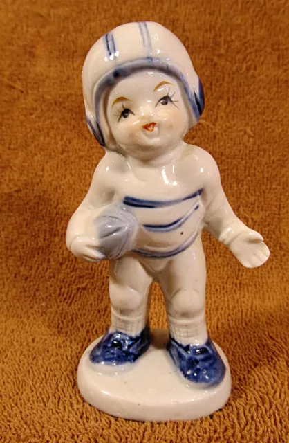 Vintage porcelain football figurine mold 4" tall blue & white