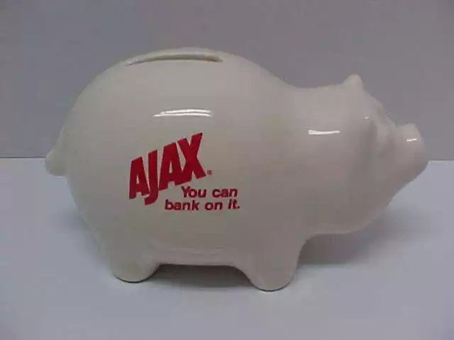 AJAX All Purpose Cleaner Vintage 1950's Promotional White Ceramic Piggy 6" Bank