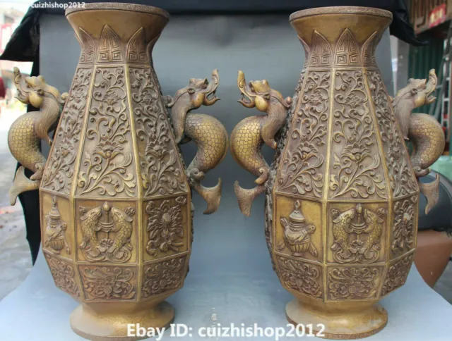 18" 100% Real Pure Bronze Marked 8 Symbol Dragon Fish Flower Vase Bottle Pair