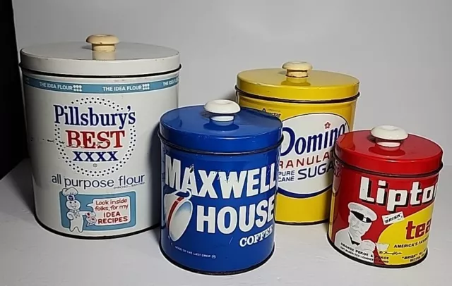 Set of 4 Pillsbury Domino Maxwell House Lipton Tea Vintage Metal Tin Canister