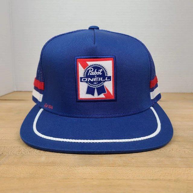 Pabst Blue Ribbon O'Neill Snapback Hat Cap Blue Mesh Trucker Flat Brim 2 Stripe