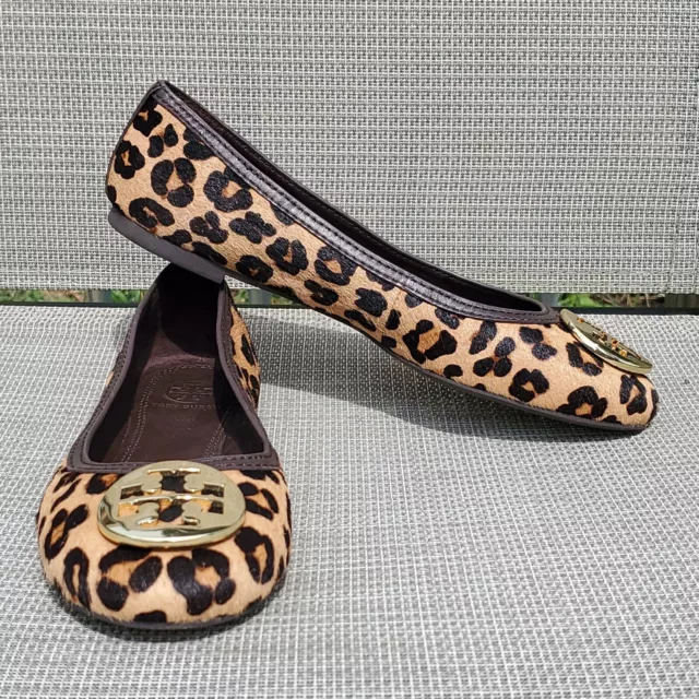 New TORY BURCH Ballet Flats Leopard Calf Hair Metal Logo Women's Shoes Sz 7.5