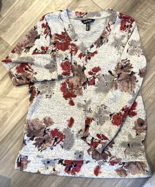 Ellen Tracy Women's Long Sleeve Top V-Neck Gray Red Floral with Pockets Small