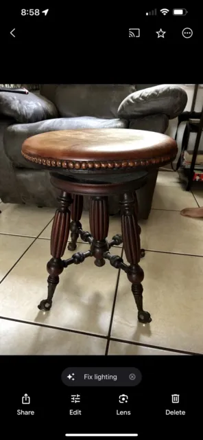 Antique Victorian Adjustable Wooden Piano Stool with Turned Legs and Glass Balls