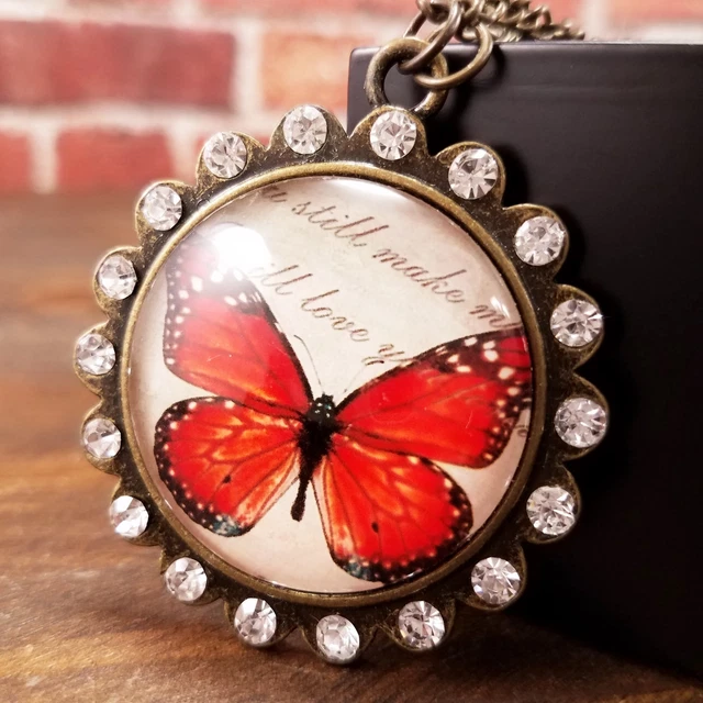 Vintage Butterfly Antique Style Bubble Large Rhinestone Pendant Necklace