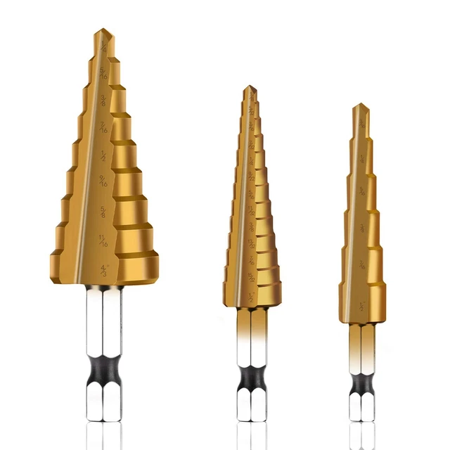 HSS Step Drill Bit Set - 3PCS 1/4" Hex Shank Titanium Coated High Speed Steel Ho