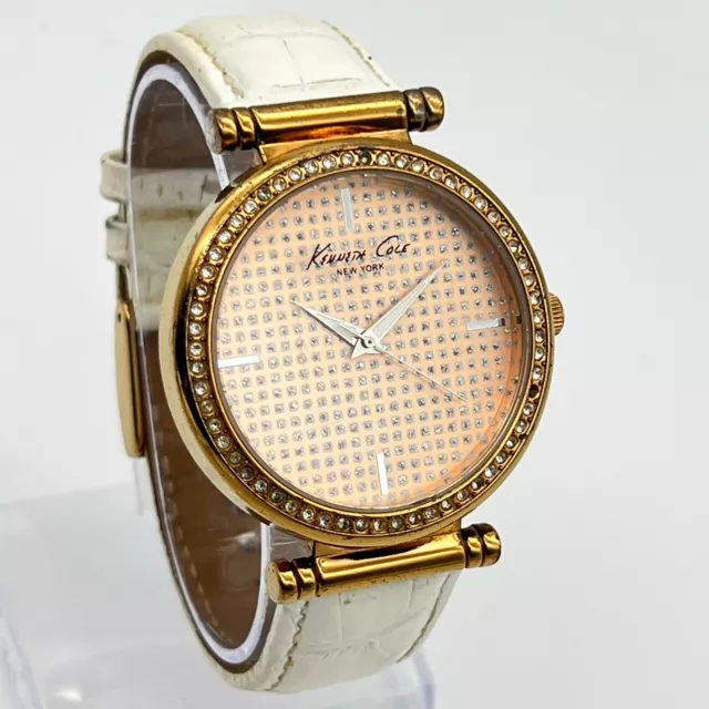 Ladies KENNETH COLE New York Rose Gold Tone, Crystal Accents White Leather Watch
