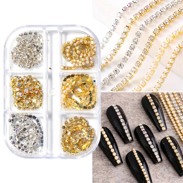 6 Strips Metallic Nails Chains Glitter Shining Design Nail Jewels Decor