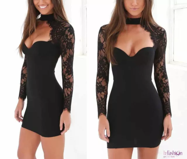 MINI ABITO VESTITO CORTO da DONNA Sexy Aderente Maniche Lunghe Pizzo Sera Festa