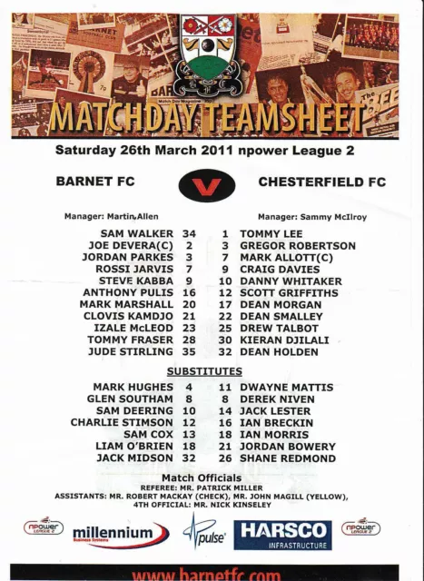 Teamsheet - Barnet v Chesterfield 2010/11