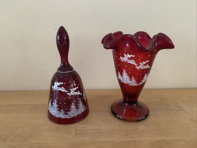 Fenton Hand Painted Reindeer Ruby Red Diamond Pattern Christmas Bell & Vase Lot