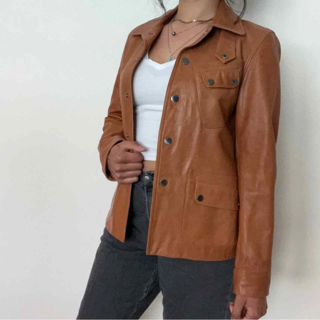 Lauren Ralph Lauren Cognac Brown Genuine Leather Button Front Jacket Size Small
