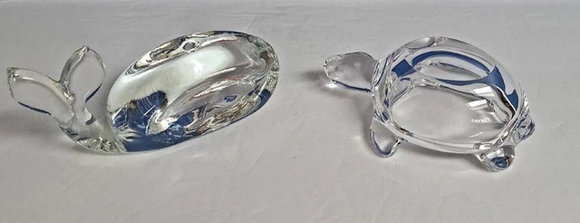 Vintage Clear Art Glass Whale Paperweight & Clear Turtle Figurine Pre-owned
