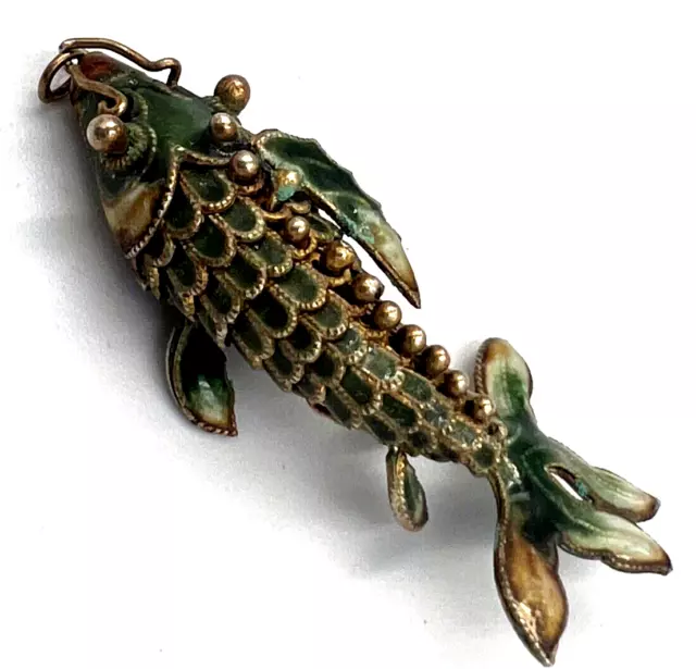 Large Silver Gilt Cloisonné Enamel Articulated Fish Pendant Chinese Antique