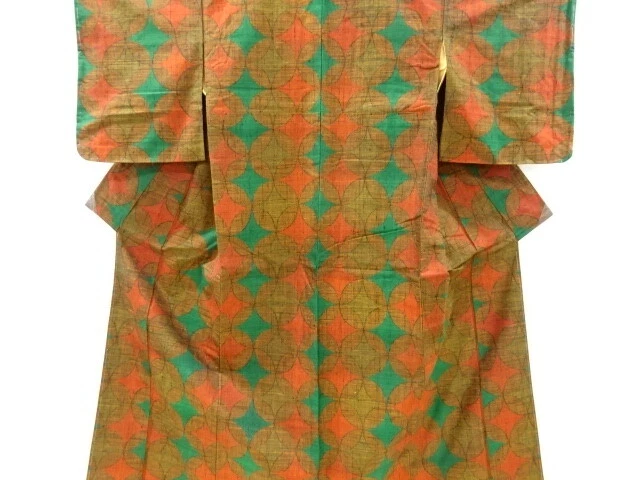 6828033: Japanese Kimono / Antique Kimono / Fushi Tsumugi / Woven Shippo Pattern