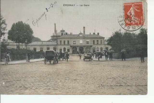 Cpa-51-1912-Epernay-La Gare Sous La Pluie-Animee-Personnages Et Attelages-