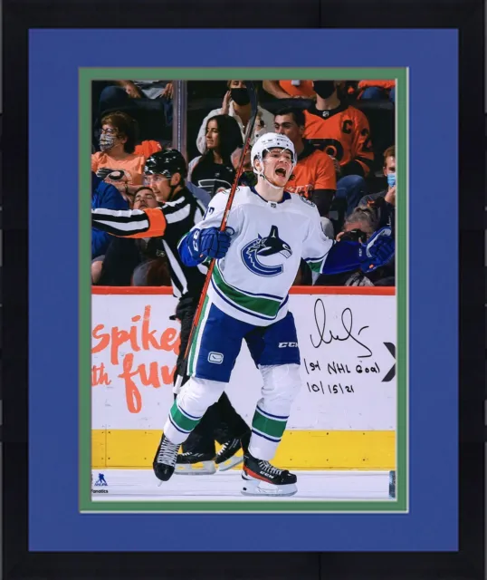 FRMD Vasily Podkolzin Canucks Signed 16x20 Skating Photo w/1st NHL Goal Insc