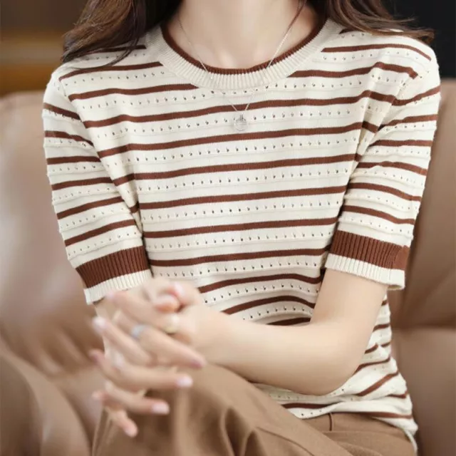 Summer Women Vintage Striped T-Shirt Korean All-match Hollow Out Fashion Shor Sp