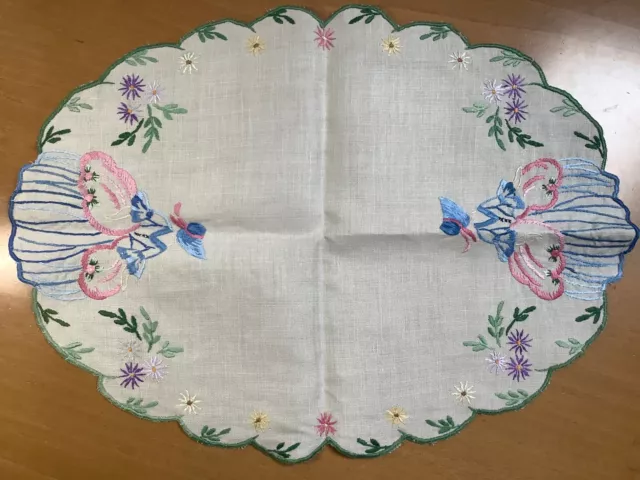 Set of 3 Vintage Crinoline Lady Hand Embroidered Linen Dressing Table Mats