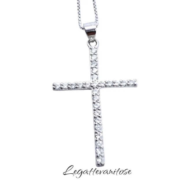 Splendida Collana Croce in Argento 925 rodiato Oro Bianco Gioielli Donna Uomo