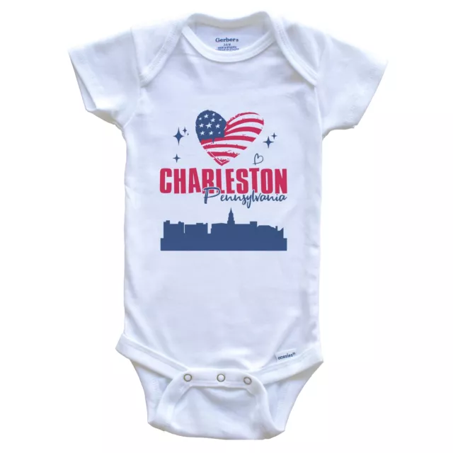 Charleston South Carolina Skyline American Flag Heart 4th of July Baby Bodysuit