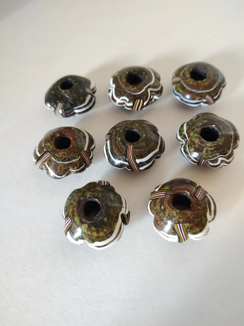 Vintage Lot of 8 Green Brown Ribbon Ceramic Resin Beads for Macrame