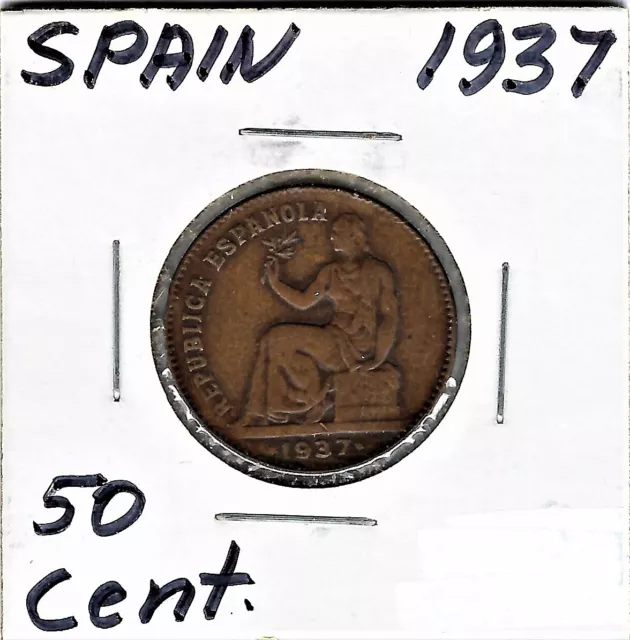 1937 Spain 50 Centimos. Republic. KM754.1  Free shipping!