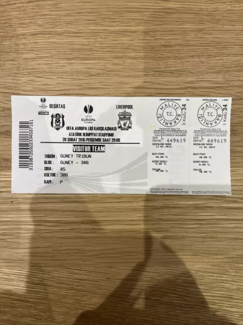 Rare Liverpool Ticket Away Europa League 2015 Besiktas V Liverpool