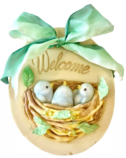 3D Mud Pie Wall Plaque 2000 Raised Baby Blue Birds In Nest Welcome Plaque Sign