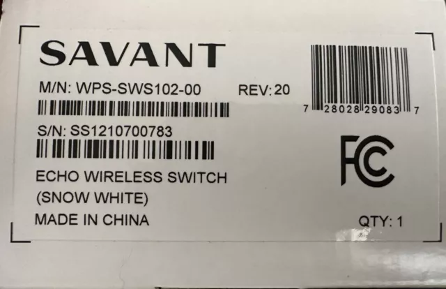 Savant Echo Wireless Switch WPS-SWS-102-00 -White