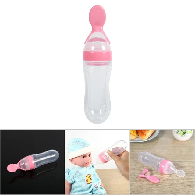 Botella de alimentación rosa de silicona de 90 ml para bebé niño pequeño con cuchara alimento cereal MX
