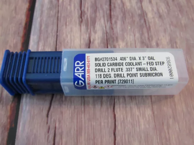 Garr .406 Diameter Solid Carbide Coolant Fed 2 Flute Step Drill Bit - Nib