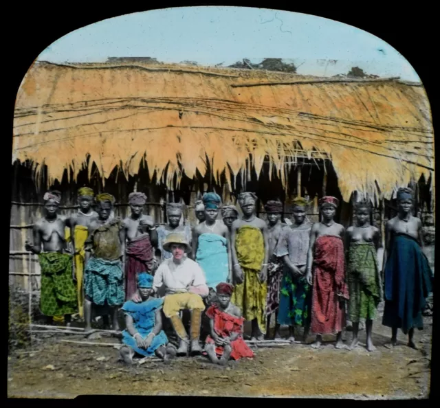 Magic Lantern Slide MAN WITH NATIVE WOMEN C1910 PHOTO WEST AFRICA ENGINEER ?