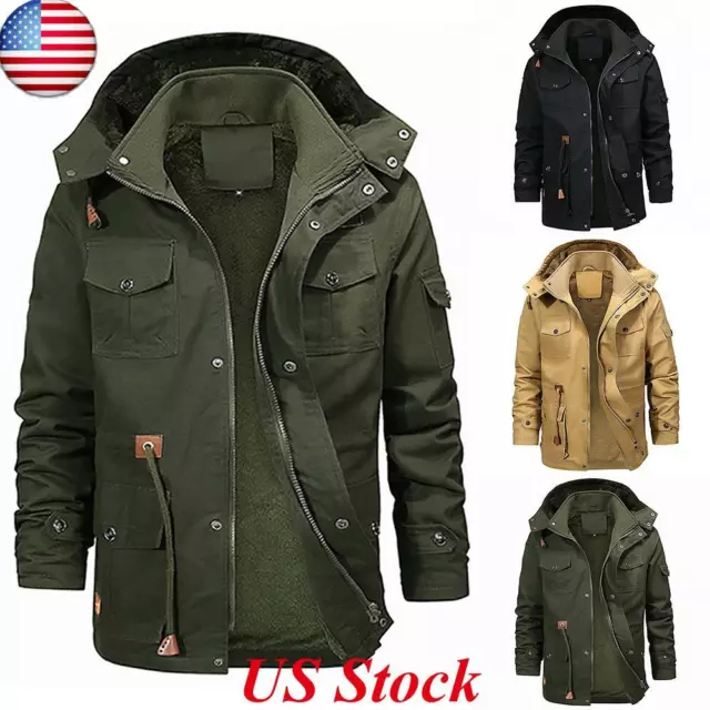 Mens Fur Lined Jacket Casual Loose Hooded Winter Warm Coat Combat Outwear US