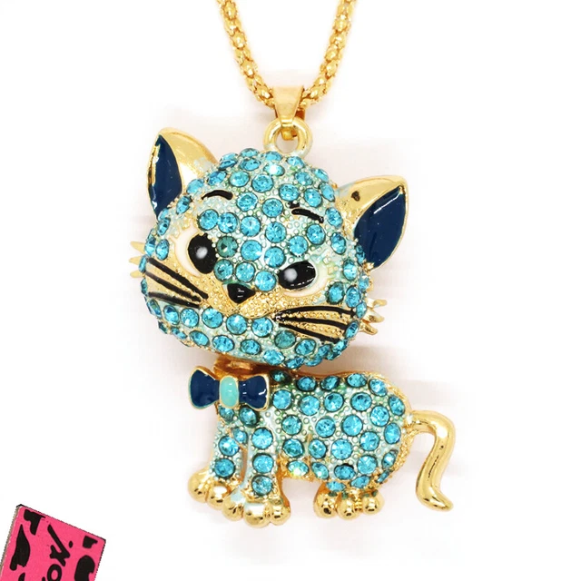 New Betsey Johnson Animal Blue Rhinestone Cat Crystal Pendant Chain Necklace