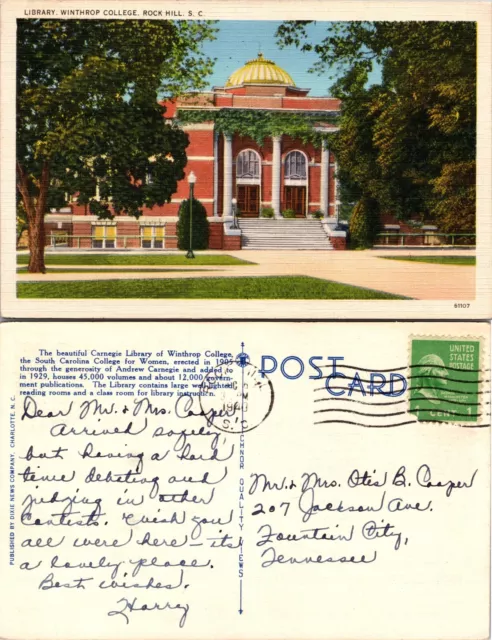 Postcard SC Winthrop College Library Rock Hill South Carolina